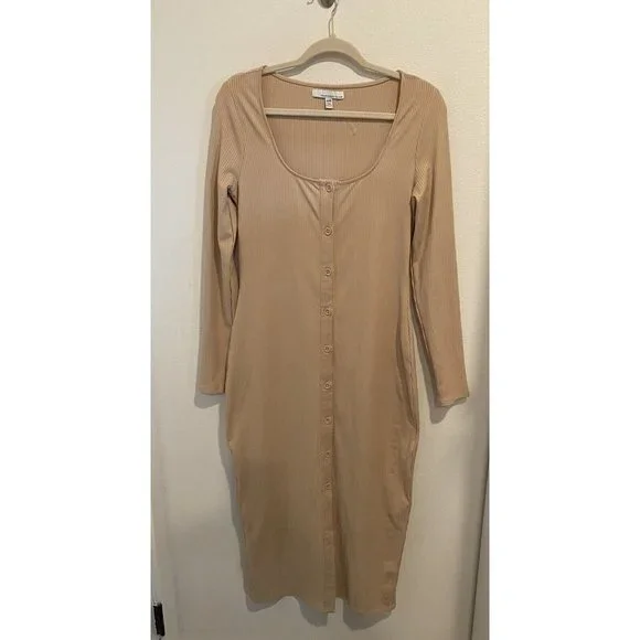New Fourteenth Place Nude Button Long Sleeve Ribbed Midi Fitted Dress Medium - Picture 3 of 6